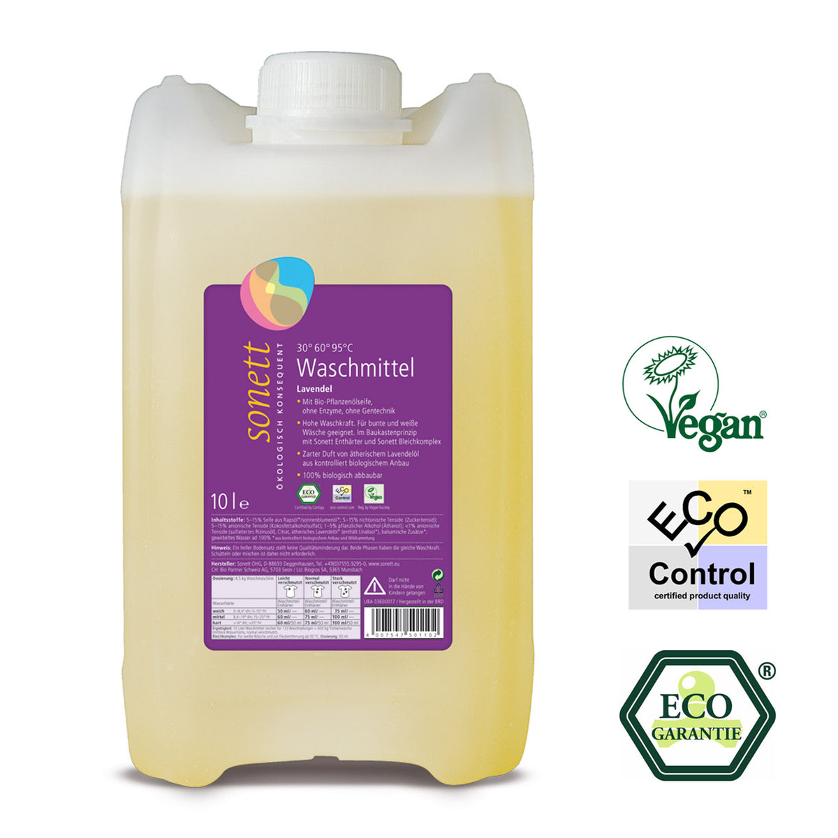Sonett Waschmittel Lavendel, 10-Liter-Kanister, daneben Siegel „Vegan“, „ECO Control“ und „ECO Garantie“