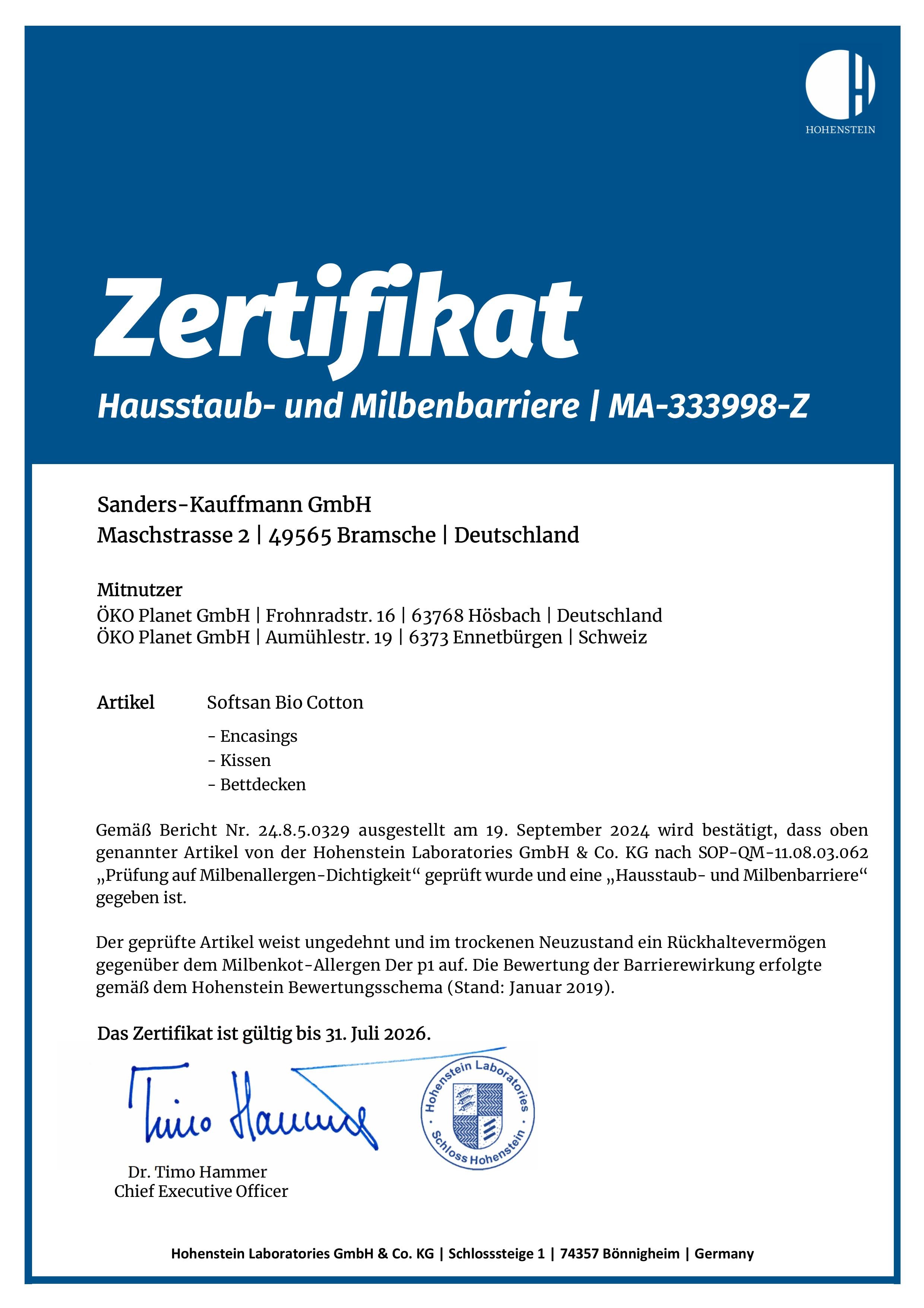 Softsan® Encasing für Matratzen aus Bio Baumwolle | Schutzbezug für Allergiker