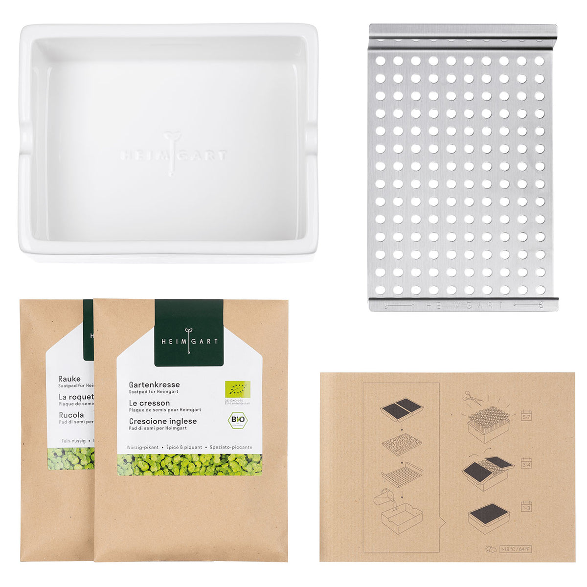 Heimgart Keimschale-Set mit weißer Schale, Edelstahl-Lochblech, Bio-Saatpads Rauke und Gartenkresse, Anleitung