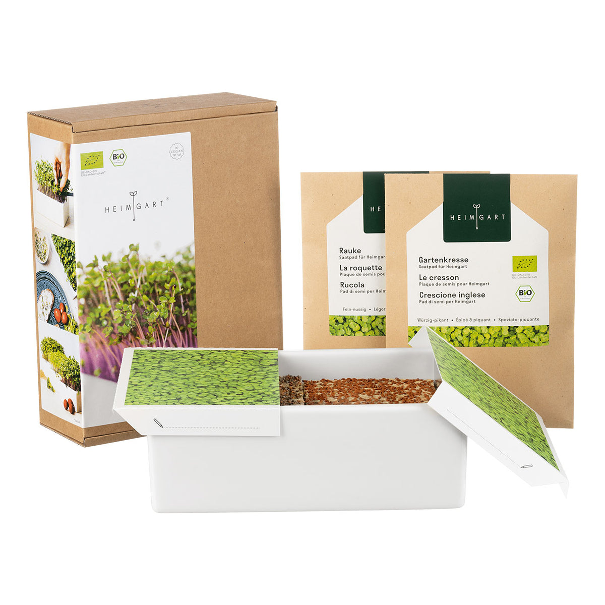 Heimgart Starter-Set für Microgreens mit weißer Keimschale, Saatpads „Rauke“ und „Gartenkresse“ sowie Verpackung