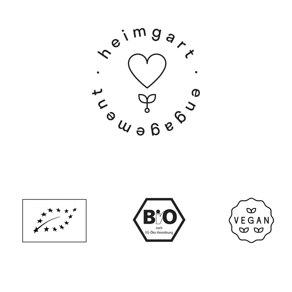 Grafik mit „heimgart engagement“-Logo, EU-Bio-Blatt, BIO-Siegel nach EG-Öko-Verordnung und „Vegan“-Siegel