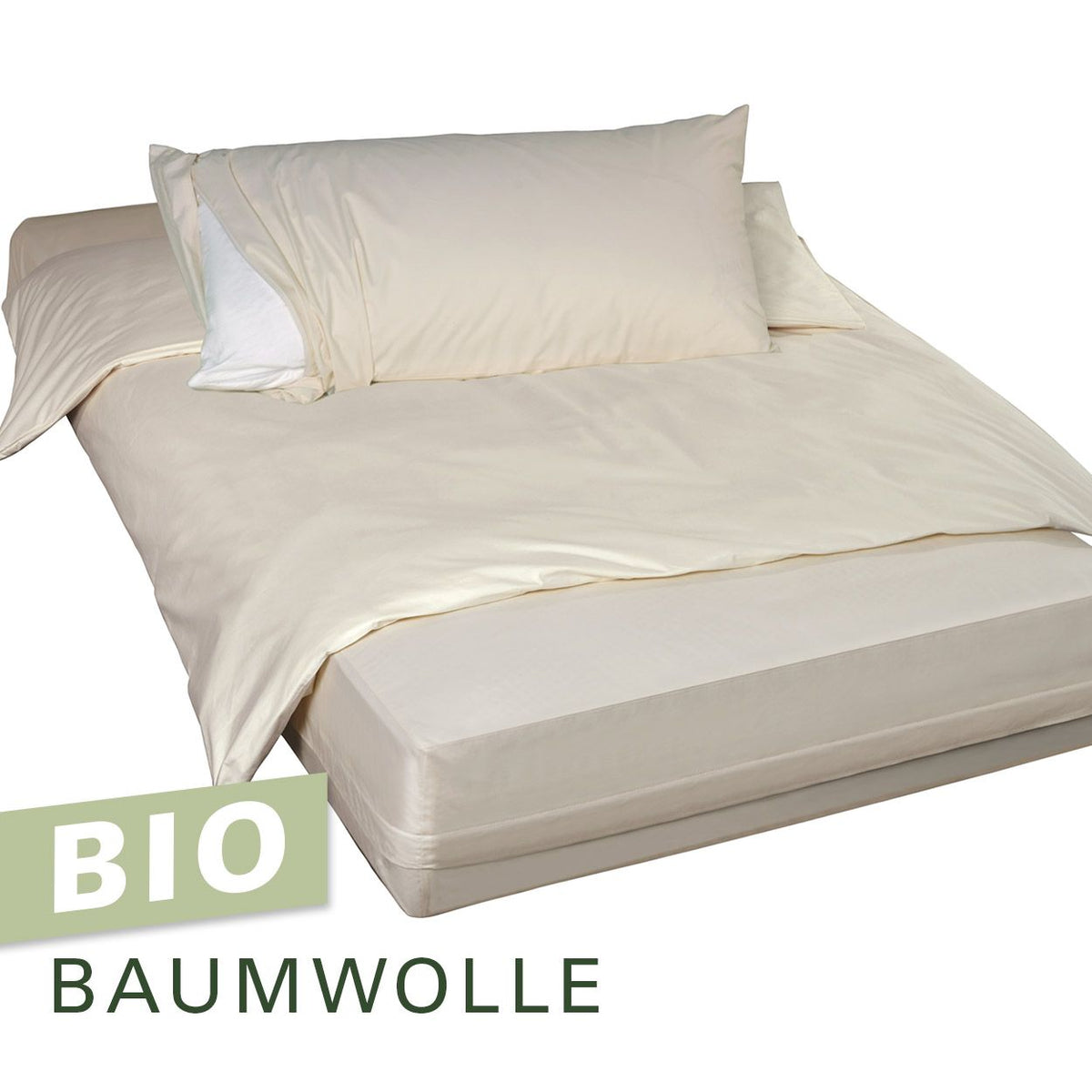 Softsan Bio Cotton Encasing Set aus Matratzen-, Bettdecken- und Kissenbezug, naturweiß bezogenes Bett, Grafik „Bio Baumwolle“