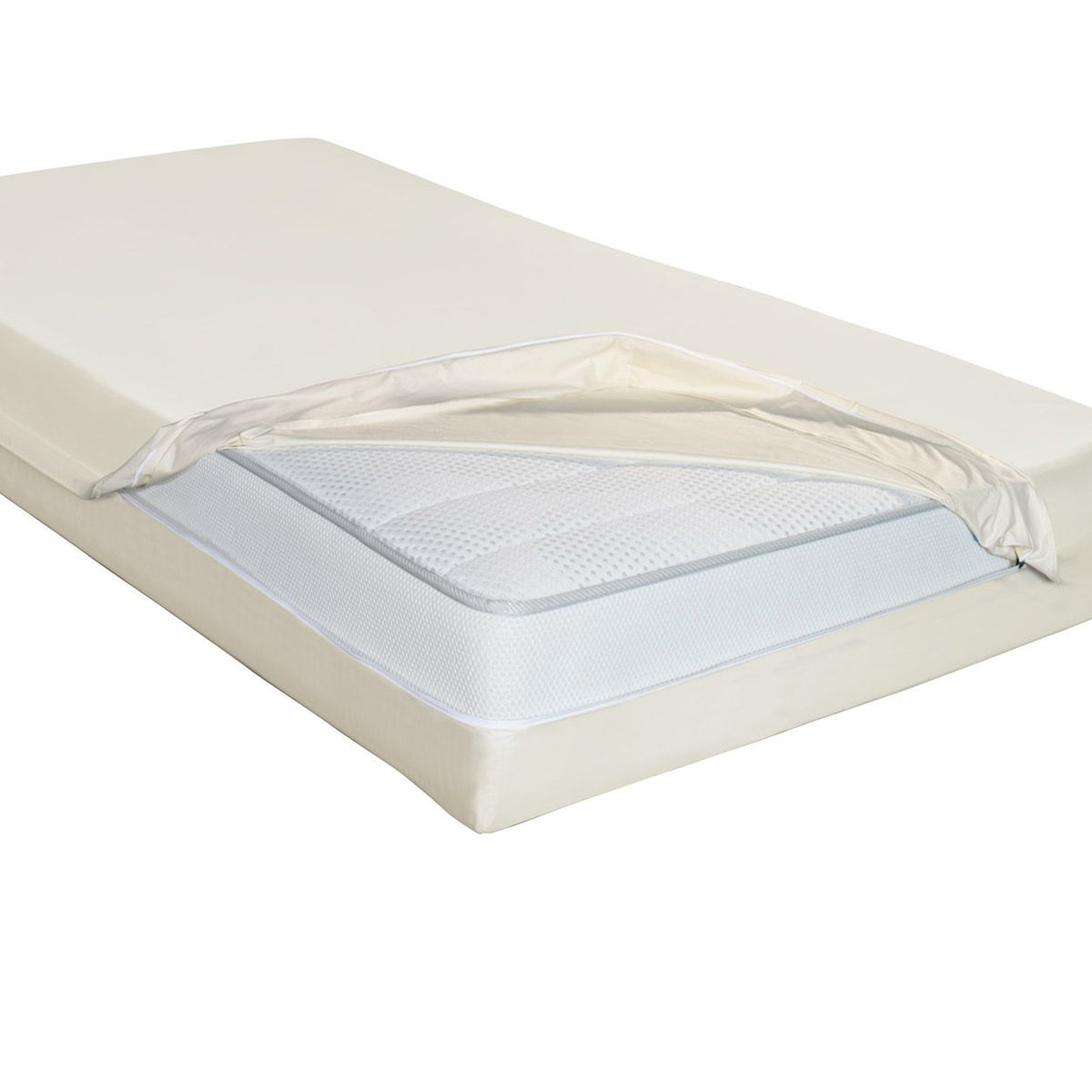 Softsan Bio Cotton Encasing an einer Ecke geöffnet, darunter Matratze mit weißem Bezug sichtbar