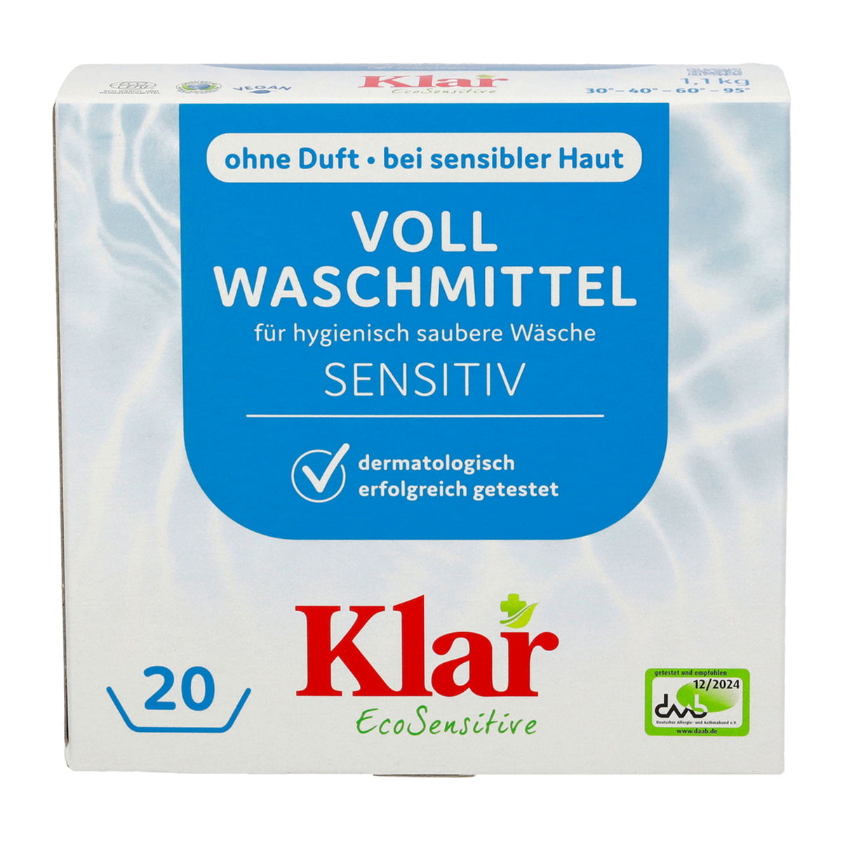 Klar EcoSensitive Vollwaschmittel Sensitiv, Verpackung 1,1 kg mit daab-Siegel, Vorderansicht