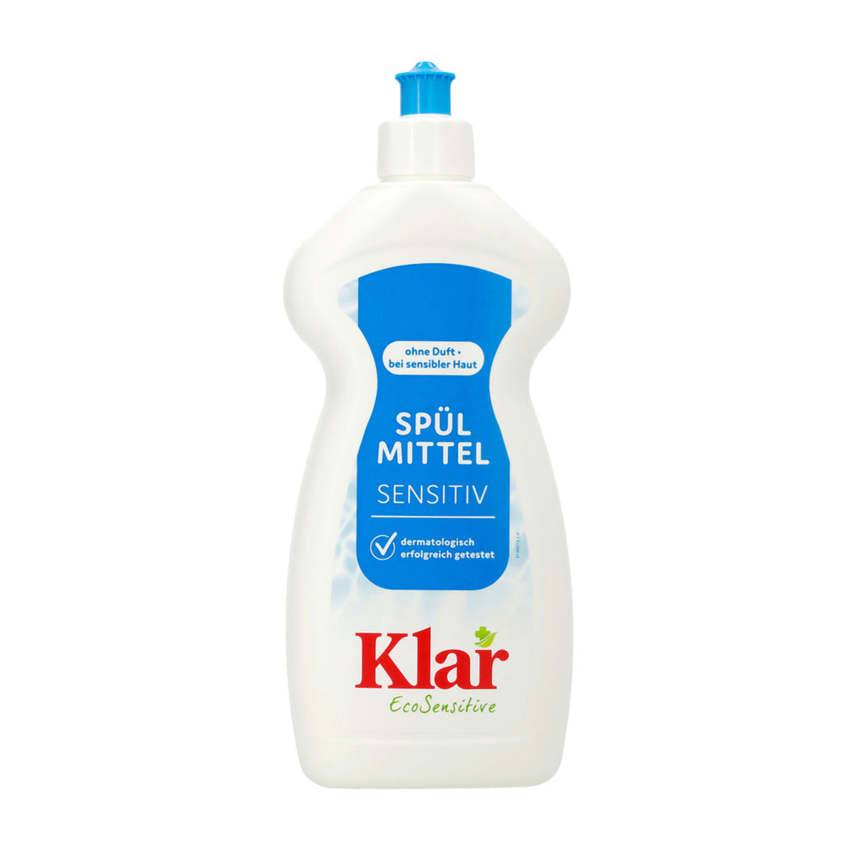 Klar EcoSensitive Spülmittel Sensitiv ohne Duft, weiße Flasche mit blauem Etikett, Frontansicht