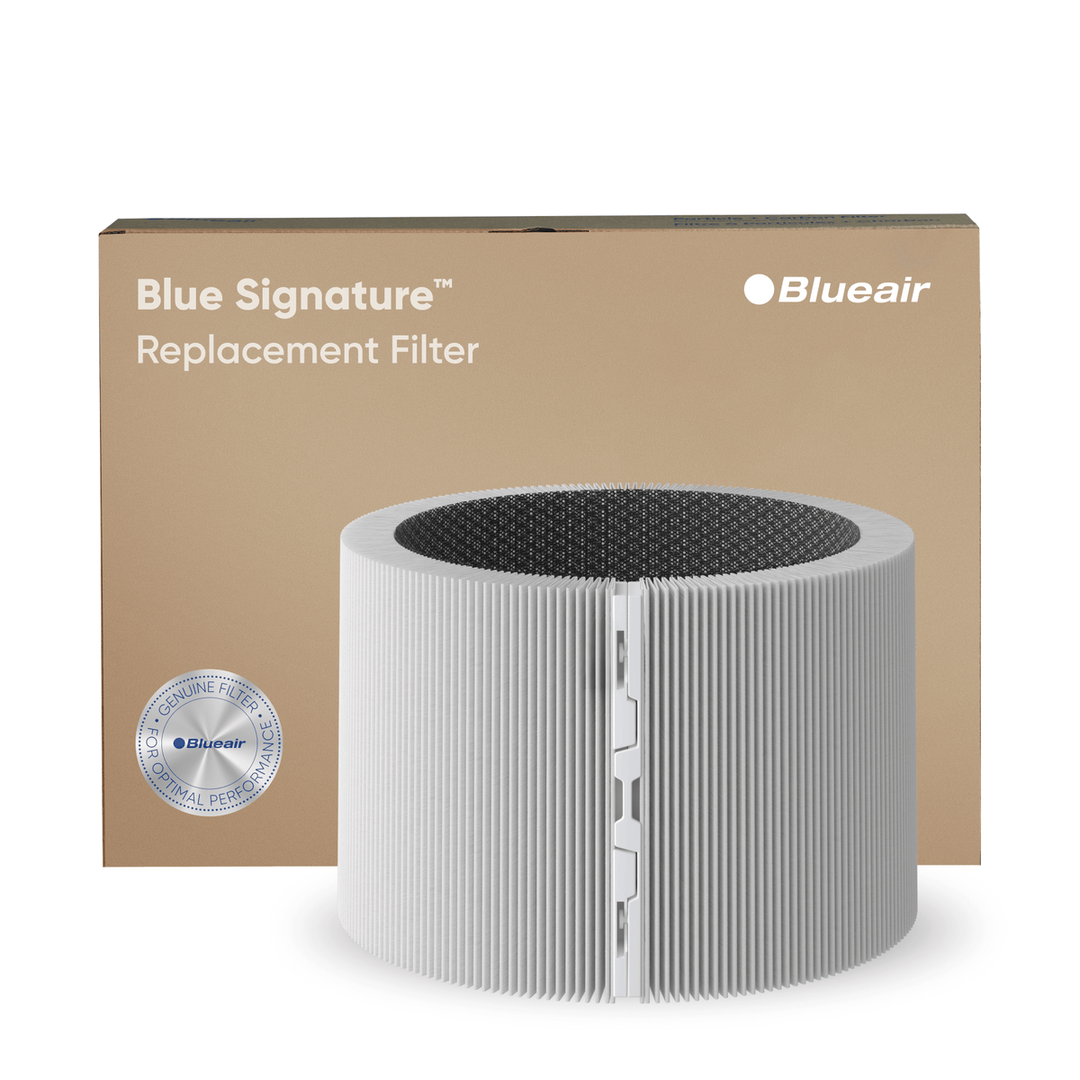 Blueair Blue Signature Ersatzfilter, gefalteter Rundfilter vor Verpackung mit „Genuine Filter“-Siegel
