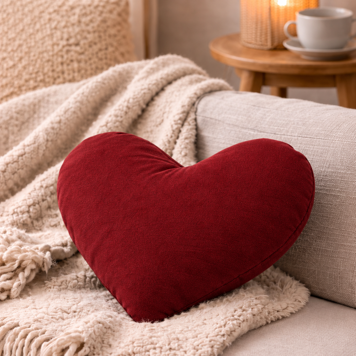 Mudis Duftkissen in Herzform, Bordeauxrot, auf Sofa mit Strickdecke in Beige