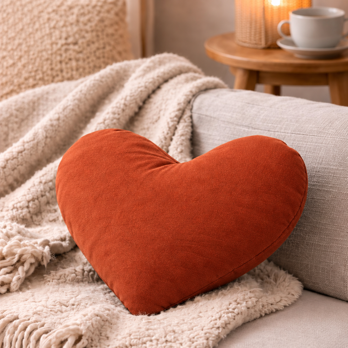 Mudis Duftkissen Herz in Terrakotta auf Sofa mit cremefarbener Strickdecke, im Hintergrund Tasse und Kerze