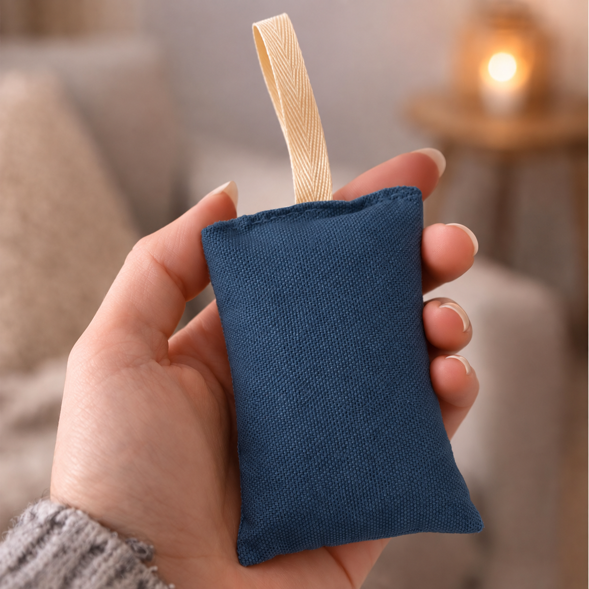 Hand hält Mudis Lavendel-Duftkissen in Dunkelblau mit textilem Aufhänger, Wohnzimmerszene im Hintergrund