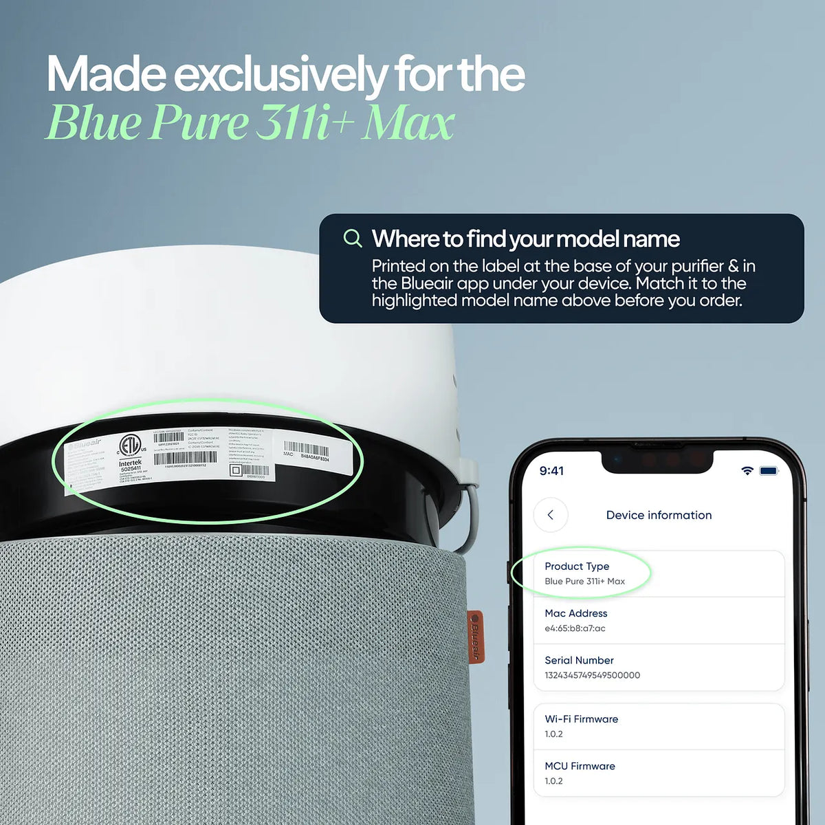 Grafik zeigt Blueair Blue Pure 311i+ Max mit Typenschild-Label und Smartphone-App zur Modellbestimmung
