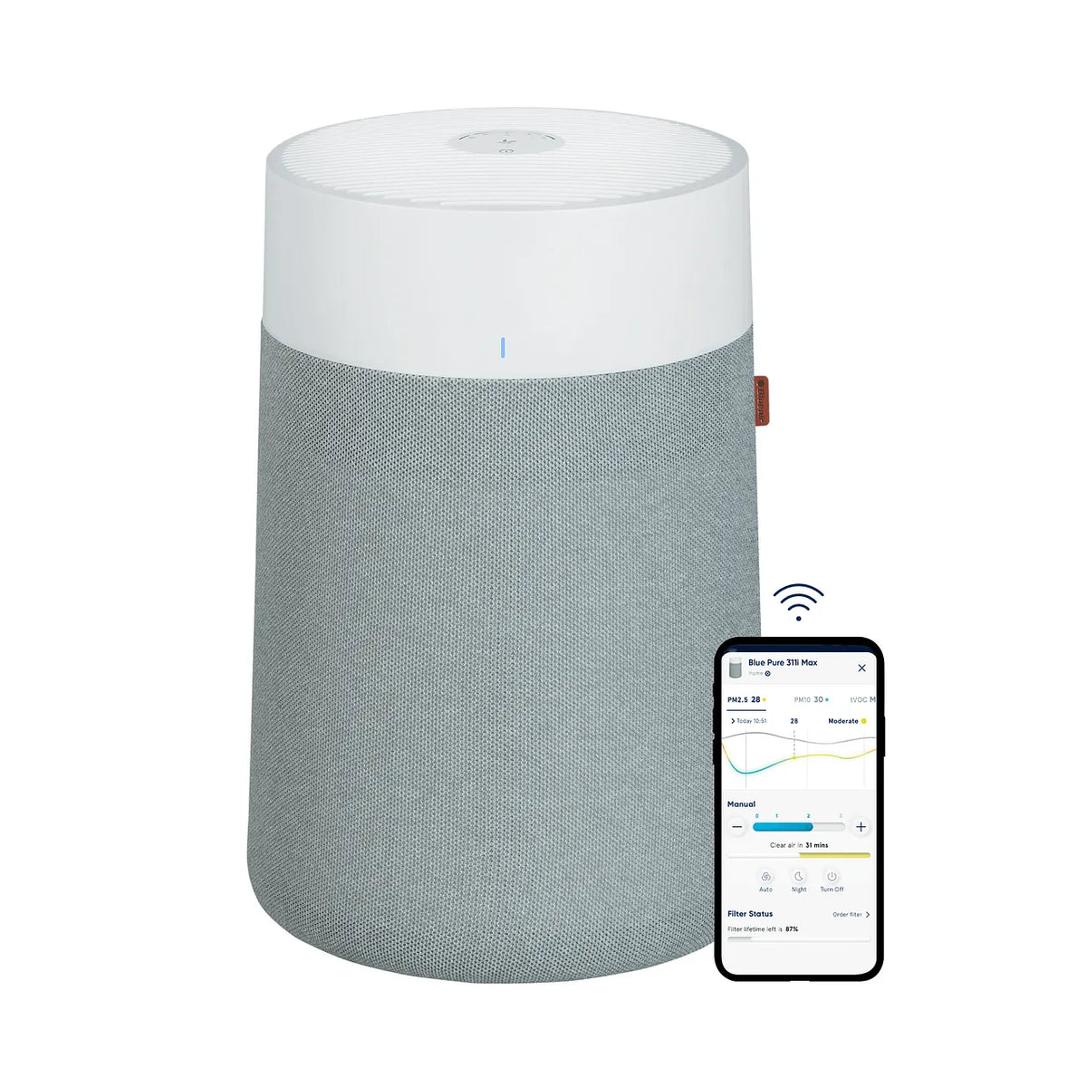 Blueair Blue Pure 311i Max Luftreiniger mit grauem Stoffbezug neben Smartphone mit Steuerungs-App
