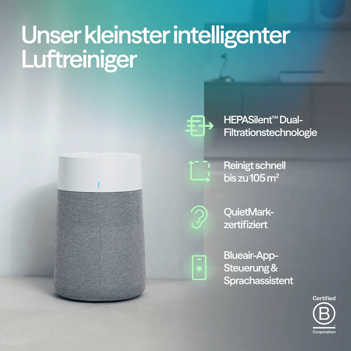 Blueair Luftreiniger mit grauem Stoffbezug, Grafik mit Funktionen und „Certified B Corporation“-Siegel