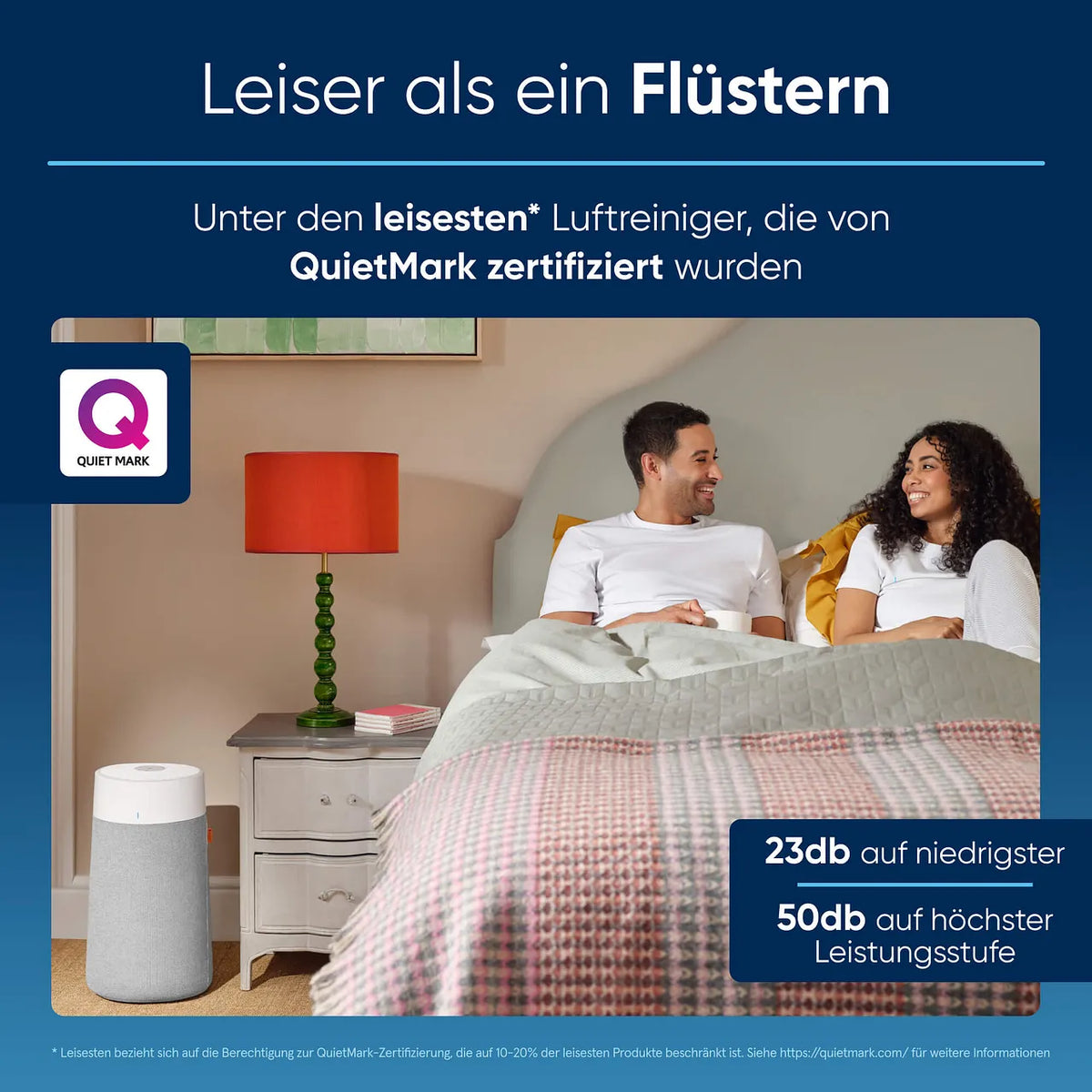 Grafik „Leiser als ein Flüstern“ mit Blueair Luftreiniger im Schlafzimmer und „Quiet Mark“-Siegel