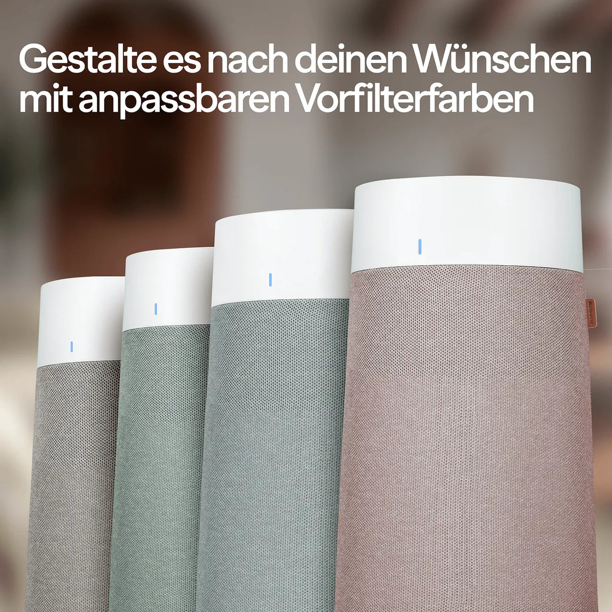 Blueair Luftreiniger mit vier austauschbaren Textil-Vorfiltern in Dunkelgrau, Grün, Hellgrau und Rosa