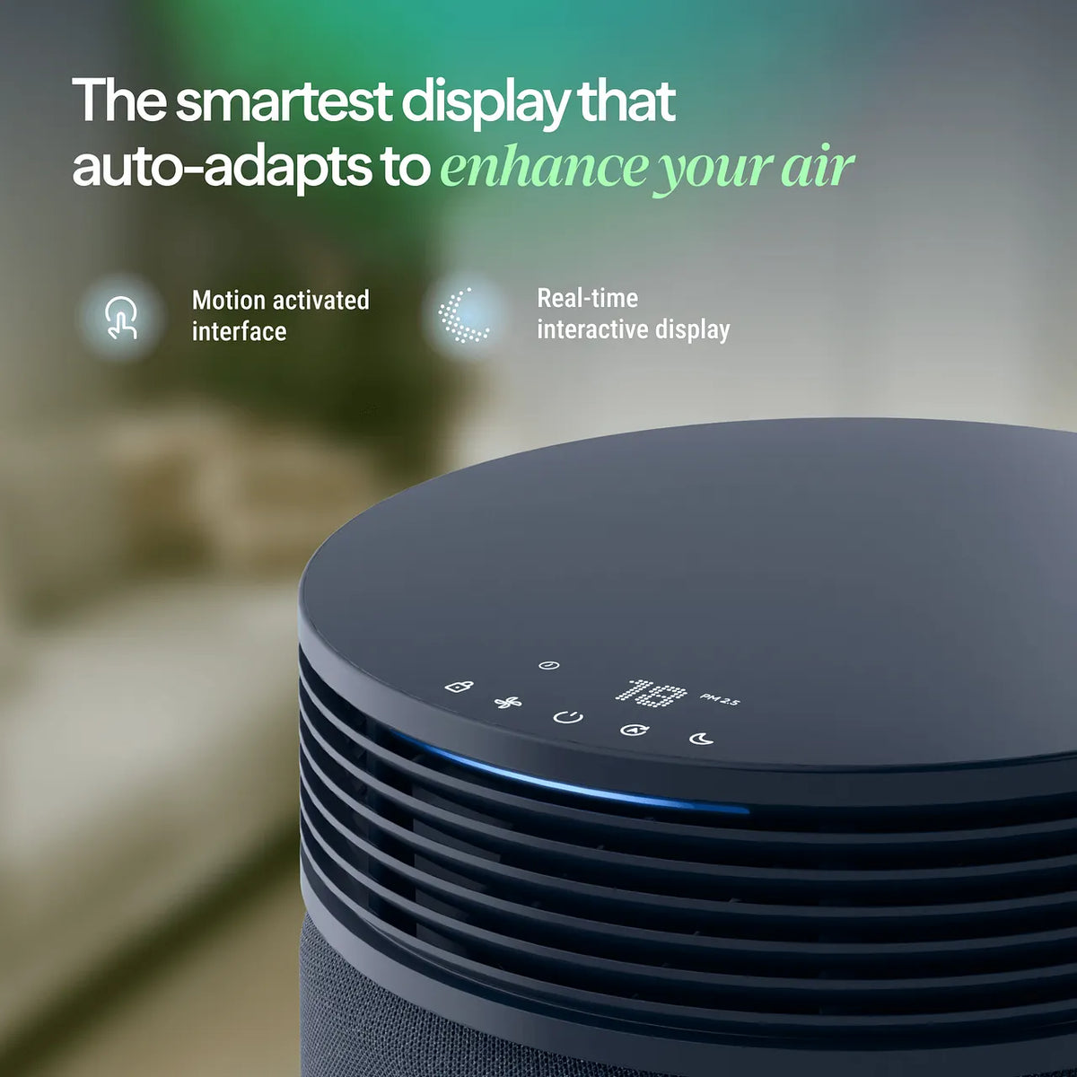 Blueair SP3i Luftreiniger, Nahaufnahme Bedienfeld mit Touch-Display und PM-2,5-Anzeige, Grafik zu Sensor-Funktionen