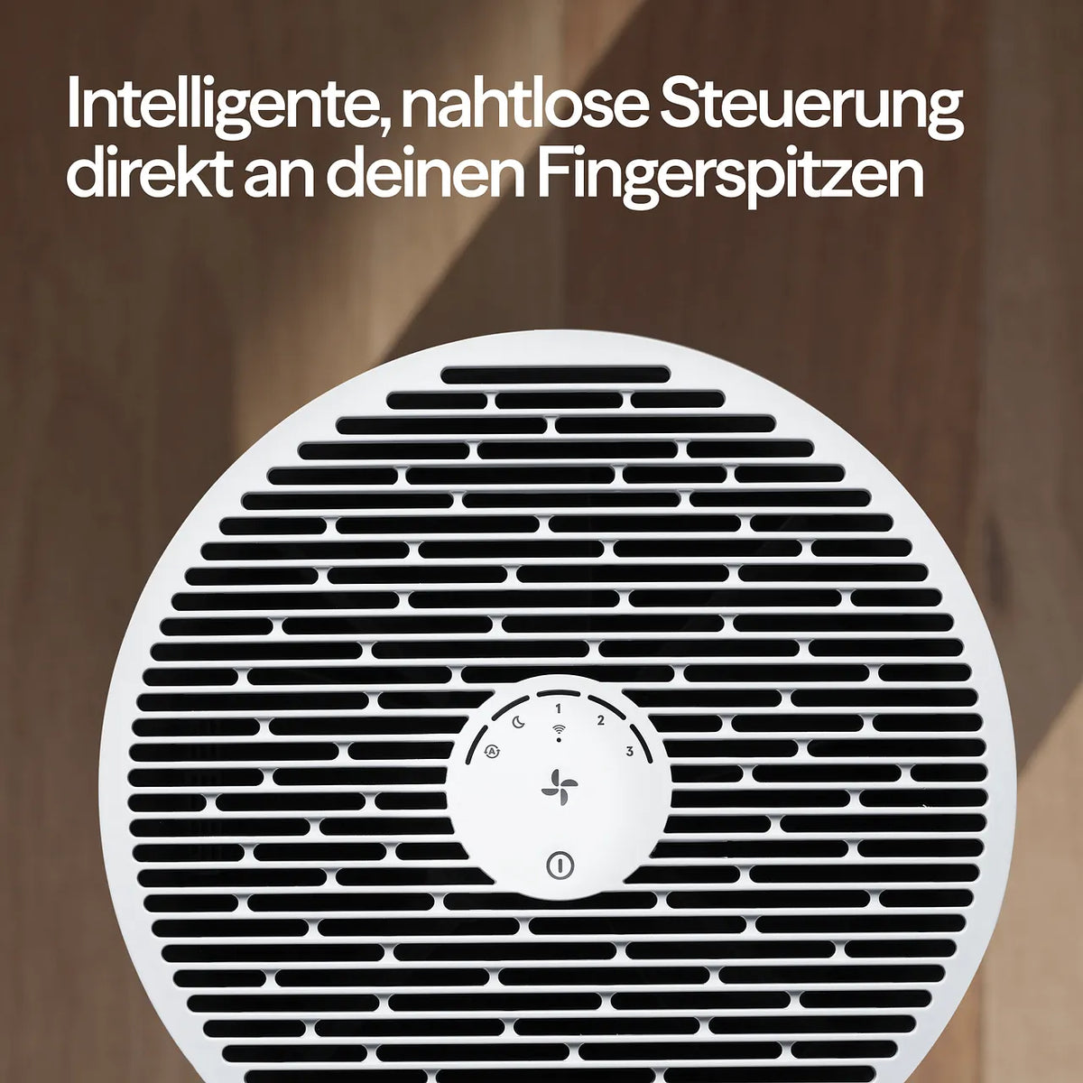 Blueair Luftreiniger, Nahaufnahme des runden Gitters mit Bedienfeld und WLAN-Symbol