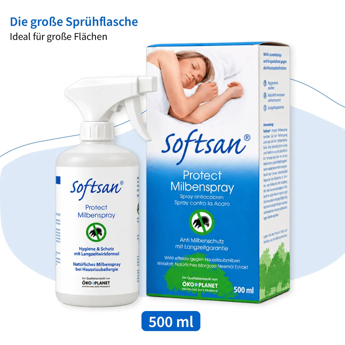 Softsan Protect Milbenspray 500 ml, Sprühflasche und Verpackung mit Schlafszene, Werbegrafik „Die große Sprühflasche“